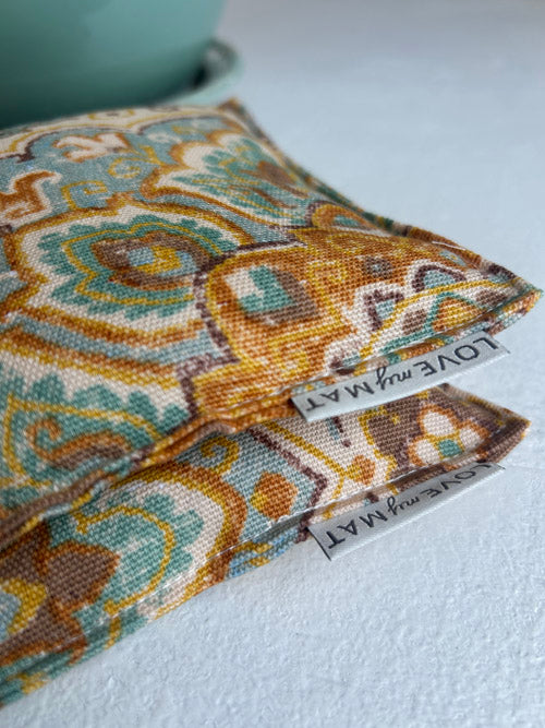 Patterned fabric with a label on a white background