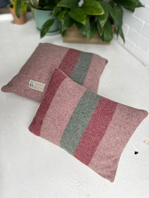 Two striped cushions on a white surface with plants in the background