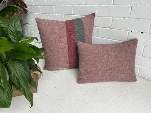 Two burgundy cushions with a striped pattern on a white surface next to a plant.
