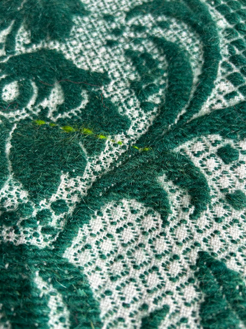 Close-up of green and white wool lace pattern blanket or tapestry