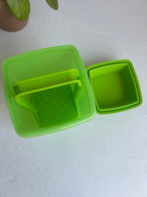 Green plastic container with a perforated lid on a white surface