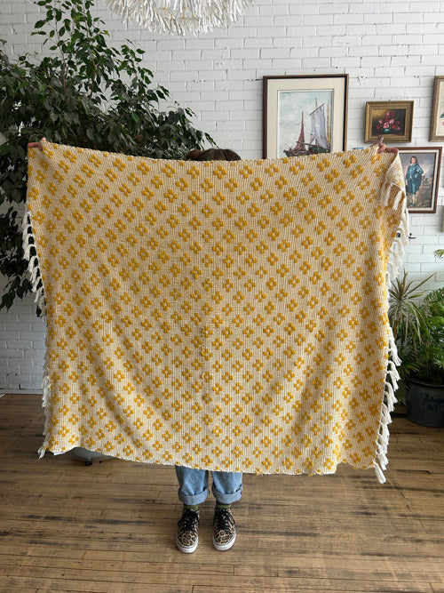 Person holding a yellow patterned blanket in a room with plants and framed pictures on the wall.